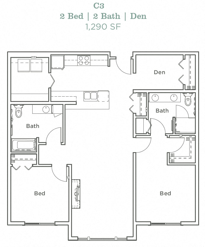 Floor plan for 2 beds, 2 baths, 1290 sqft